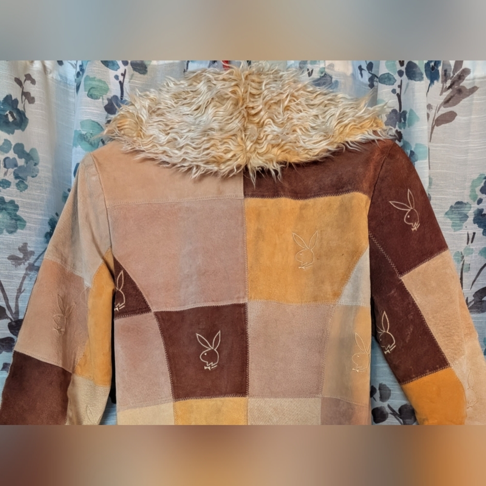 Women’s Patchwork Suede Coat with Faux Fur Trim - Taupe & Brown - Picture 9 of 12